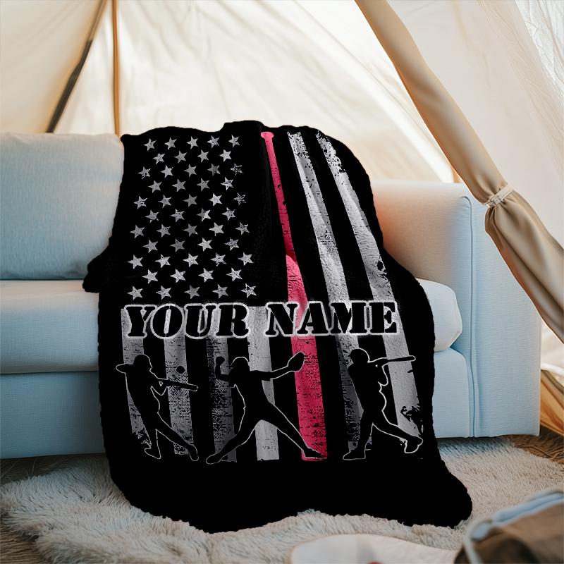 1PC Custom Name Baseball Flag Art outdooor Flannel blankets Patterns Throw Blanket All-Season Soft Gift for Couch, Bed, Camping gifts