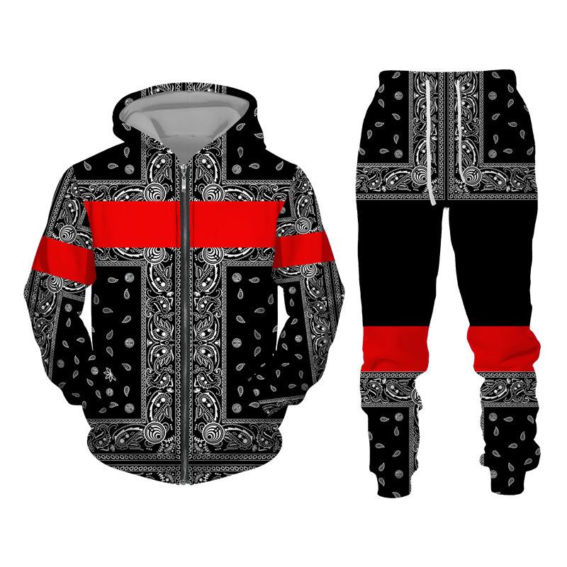 Tracksuit For Men 3D Bandanna Printed Zip Hoodie + Pants Suit Cool Men 2 Pcs Sportwear Casual Hoodies Set Autumn Men's Clothing