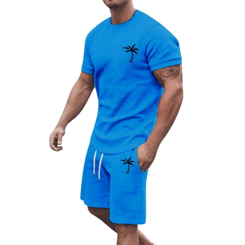 Mens Casual Palm Tree Print Short Sleeve T Shirt And Drawstring Shorts 2 Piece Set