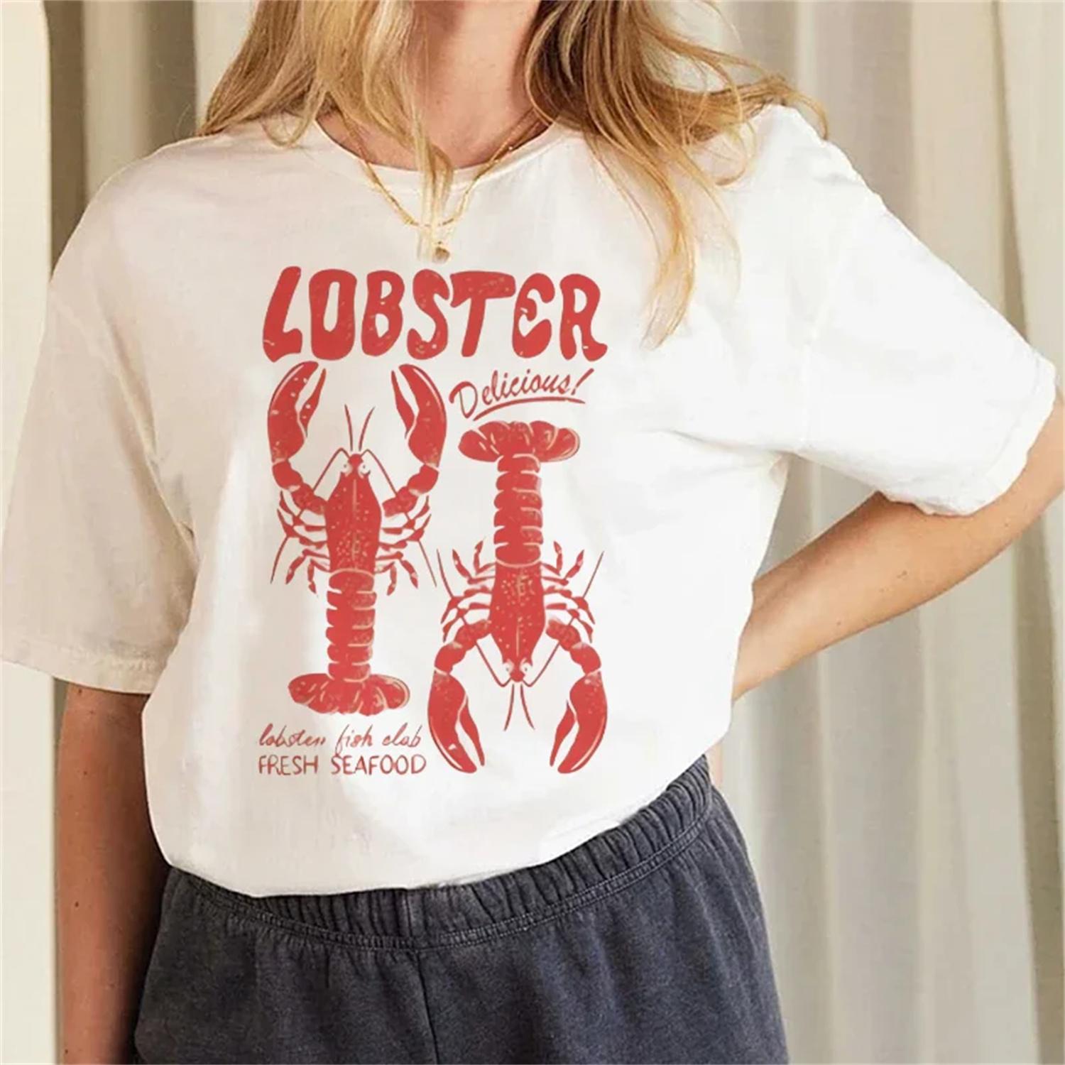 Women s Fashion Round Neck T-Shirt Printed Cartoon Lobster Pattern Beach Top Casual Style Popular Women s Summer Printed T-Shirt S