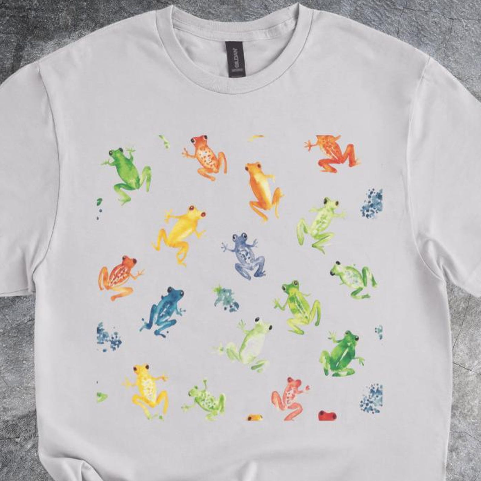 Colorful Frog Pattern Shirt Amphibian Illustration Tshirt Cotton Style Tee Short Sleeve Gray 130