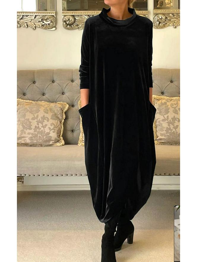 2026 Spring Slimming Velvet Dress - European & American Style, Round Neck, Long, Comfortable, Fashionable.