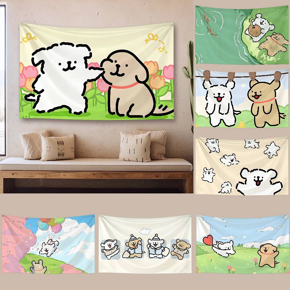 Cute Line Puppy Tapestry Wall Hanging Tapestry Art Deco Blanket Curtain Hanging At Home Bedroom Living Room Decor