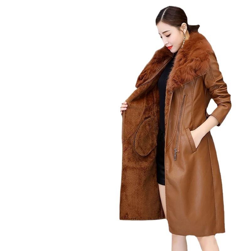 Big fur collar fur collar autumn and winter leather jacket women's plush thickened medium and long slim waist leather jacket long sleeves