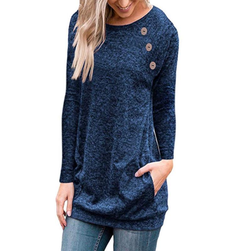 Long Pullover Womens Sleeve Ladies Solid Button Sweatshirt Top Loose Jumper