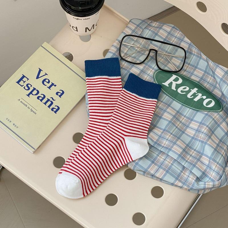 Women's Color-blocking Striped Mid-calf Socks, College-style Long Calf Socks, Trendy Women's Socks