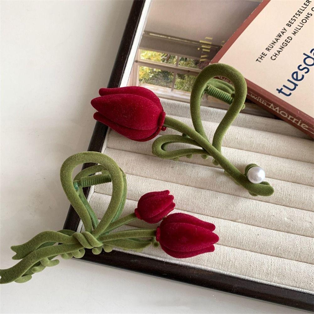 Pearl Korean Style Headwear Red Velvet Hair Claw Flocking Tulip Hair Clip Female Hair Accessories