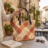 Autumn Plaid Leaf Print Canvas Tote Bag Casual Daily Lightweight Shopping Carry Handbag