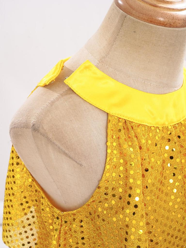 Gestuftes Rüschen-Mädchen-Tanzkleid Glänzende Pailletten Patchwork A-Linie Ärmellos Aufführungskostüm