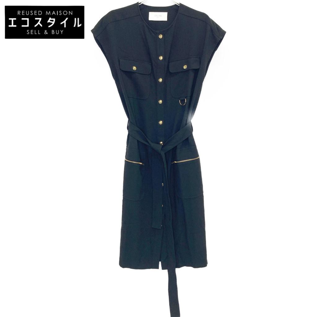 CELINE 2R59G865C Black Triomphe Belted Sleeveless Dress dress 36 blackUsed