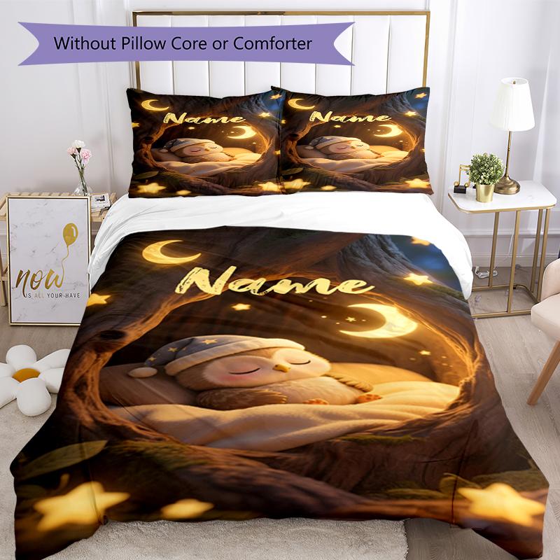 3pcs Custom Name Owl Bedding Set Duvet Cover Closure Includes 1 Duvet Cover & 2 Pillowcases, Soft and Comfortable for All Seasons.