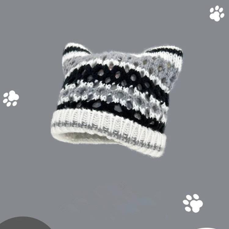 Playful Ear Cat Hand Knitted Beanie Hat For Women Charming Striped Design Perfect For Autumn And Fashion Winter
