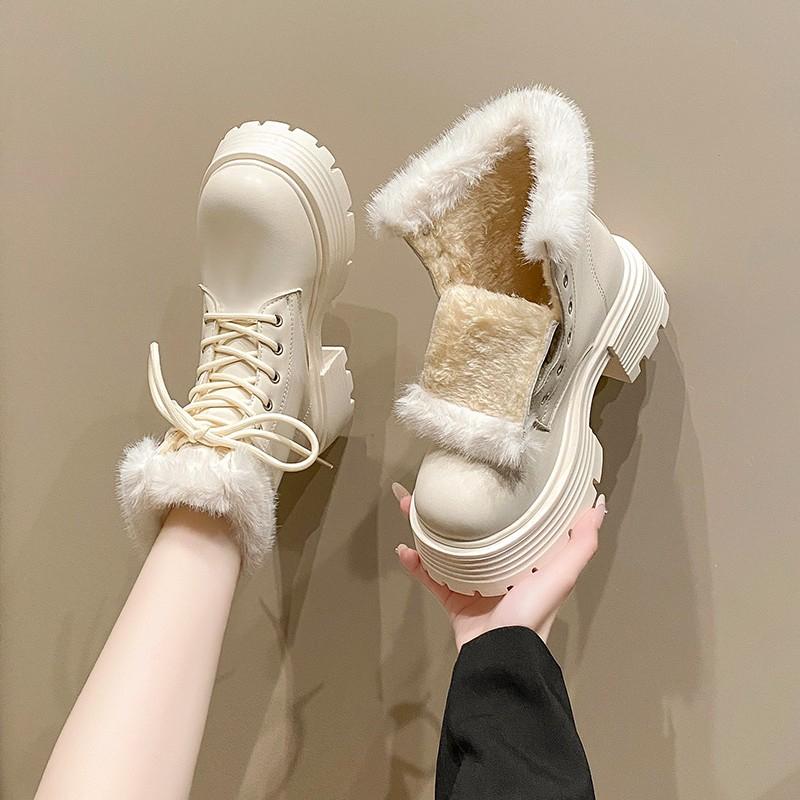 2025 Winter Fluffy White Fur Women Short Snow Boots Plush Warm Platform Booties Comfort Square Heel Ladies Shoes