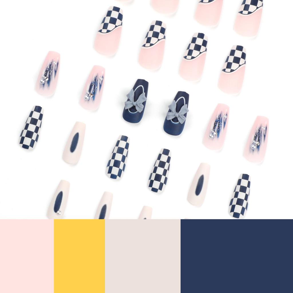 Checkerboard Patchwork Bow Pearl Blue Press-On Nails for Autumn/Winter