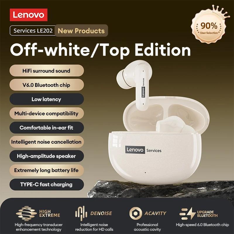 Original Lenovo LE202 Wireless Bluetooth 6.0 Earphones AI Call Noise Cancellation Sound Quality Headphone Long Battery Life Earbuds