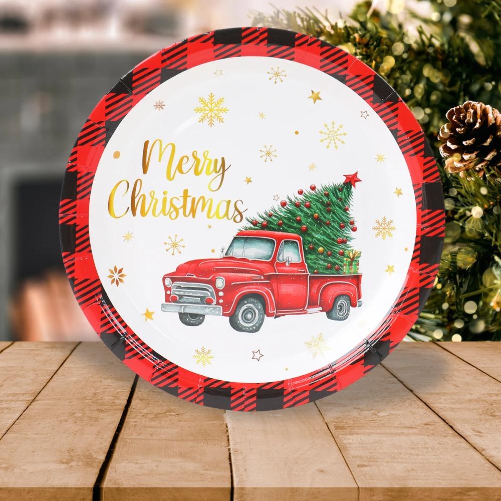 Plaid Print Christmas Disposable Tableware Set Serves 24 Disposable Paper Tableware  New Year