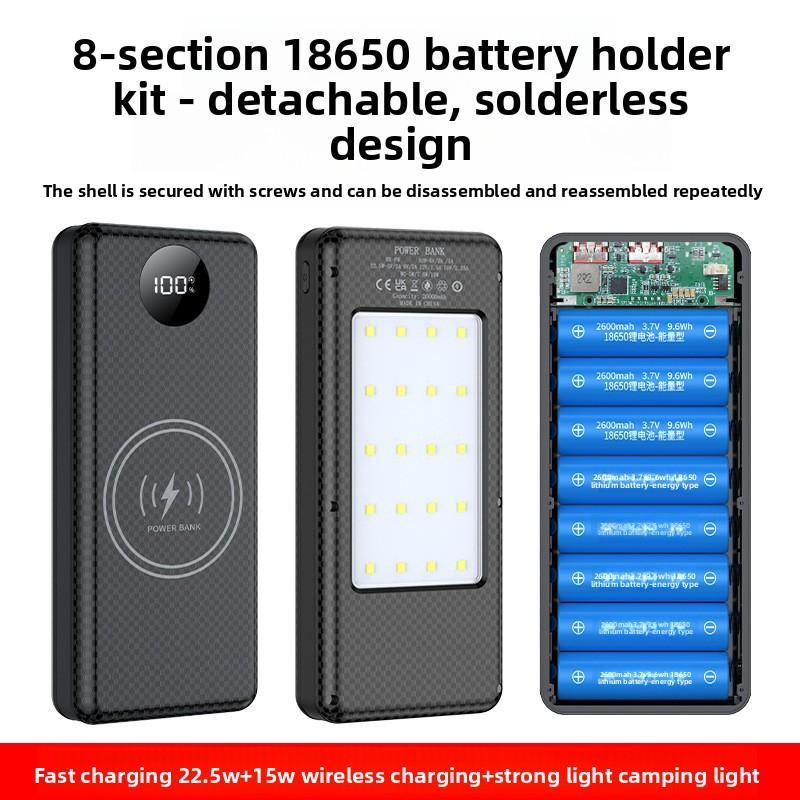 8x18650 Battery Charging Case Digital Display DIY Dual USB Type C Box 22.5W Fast Charging 15W Wireless Charging Power Case