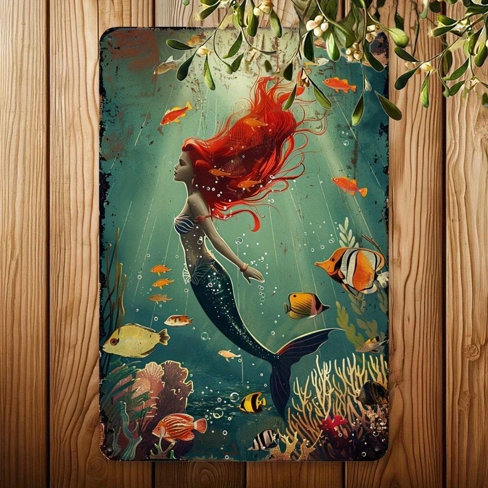 Vintage Tin Sign Mermaid Ocean Wall Art Rustic Metal Decor 8x12 Inch