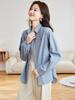 Women's Blue Striped French Vintage Loose Cotton Shirt, Versatile Long Sleeve for Spring & Autumn