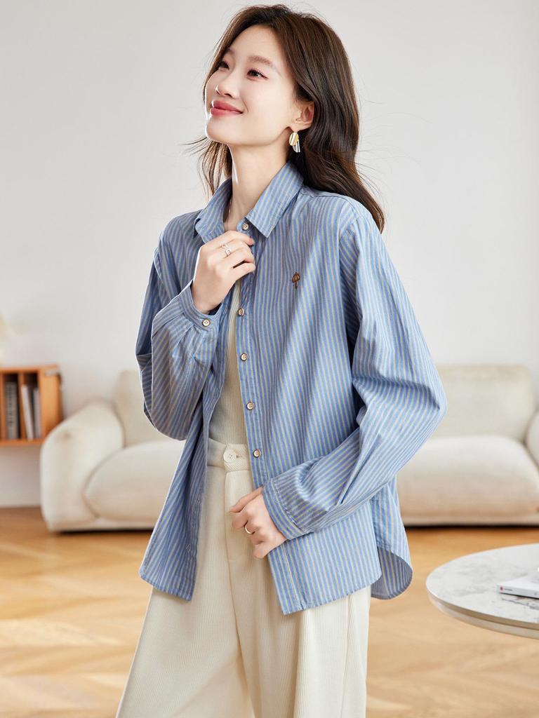 Women's Blue Striped French Vintage Loose Cotton Shirt, Versatile Long Sleeve for Spring & Autumn