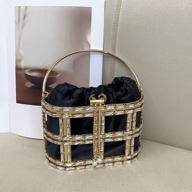 Metal Shiny Ineffectual Water Diamond Hollow Simple Vegetable Basket Banquet Silk Satin Bucket Messenger Bag