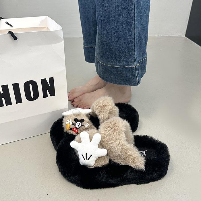 Cute cartoon one-word mop Mao Mao slippers women's outer wear 2025 autumn new thick-bottomed comfortable versatile non-slip cotton mop