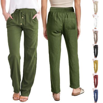 Pantalon large décontracté en coton et lin pour femme, couleur unie, avec taille élastique, pantalon long