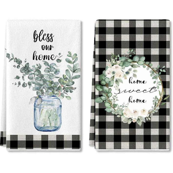 Eucalyptus Leaves Kitchen Dish Towel , 2 Pack Bless Our Home Sweet Home Quotes Buffalo Plaid Absorbent Kitchen Towel, Absorbent Drying Tea Towels for Eucalyptus Leaves