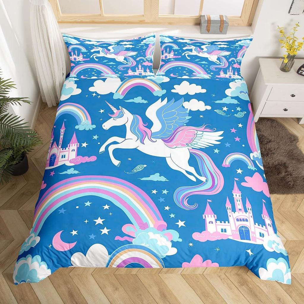 Children Kids Unicorn Soft Duvet Cover Single Quen King, Adorable Lovely Cat Carton Warm Comforter Cover featuring 2 Pilowcase Fish Scale Beding Set