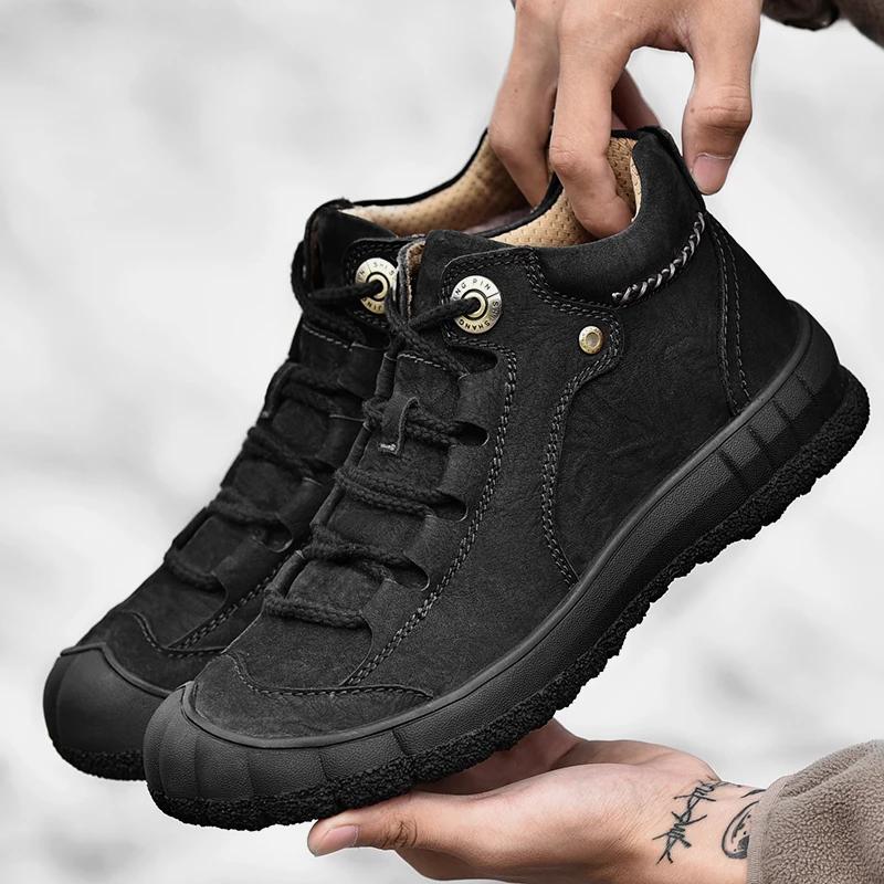 Fashion Men's Winter Boots Outdoor Warm Snow Shoes Men Casual Genuine Leather Sneakers 2024 Luxury Male Hiking Shoes Man Ankle Tooling