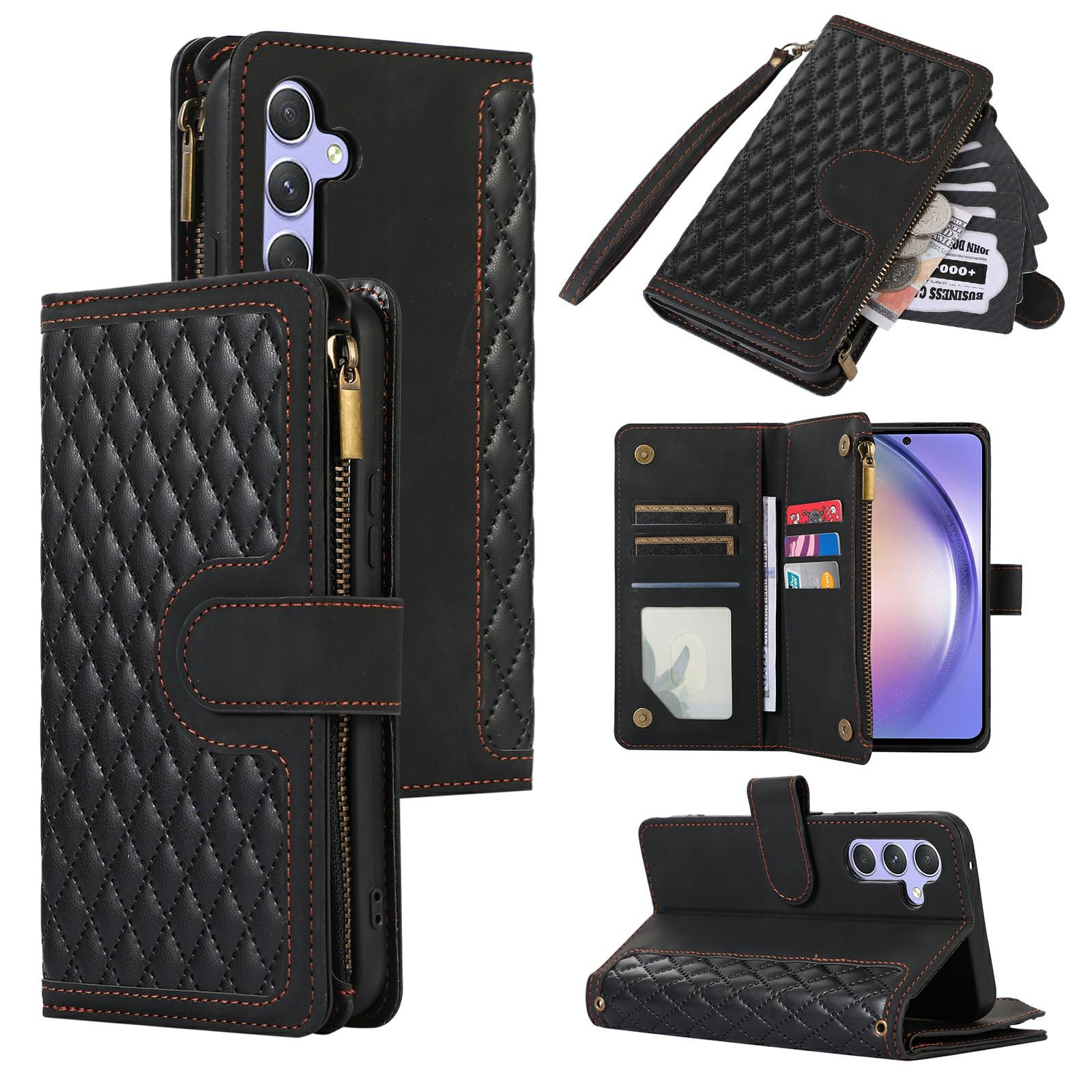 

For Samsung Galaxy S25/S24 Case 9 Card Slots Rhombus Design Leather Phone Cover with Wrist Strap Black