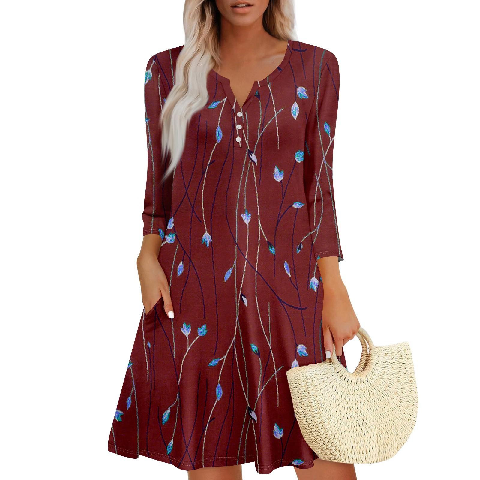 

Женское летнее платье, свободное платье с V-образным вырезом, рукавом три четверти и карманами XL винный