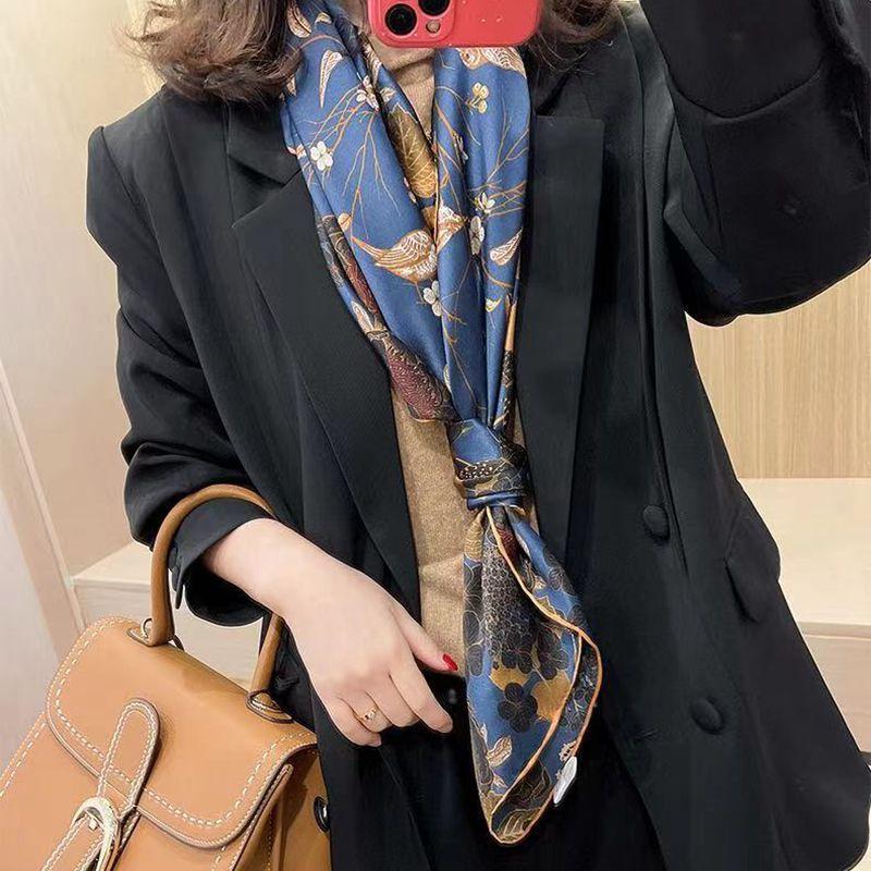 Finch On The Branch Dark Green Satin Silk Scarf Silk Women Spring And Autumn Mulberry Silk Scarf Shawl Dual-Purpose Large Square Scarf
