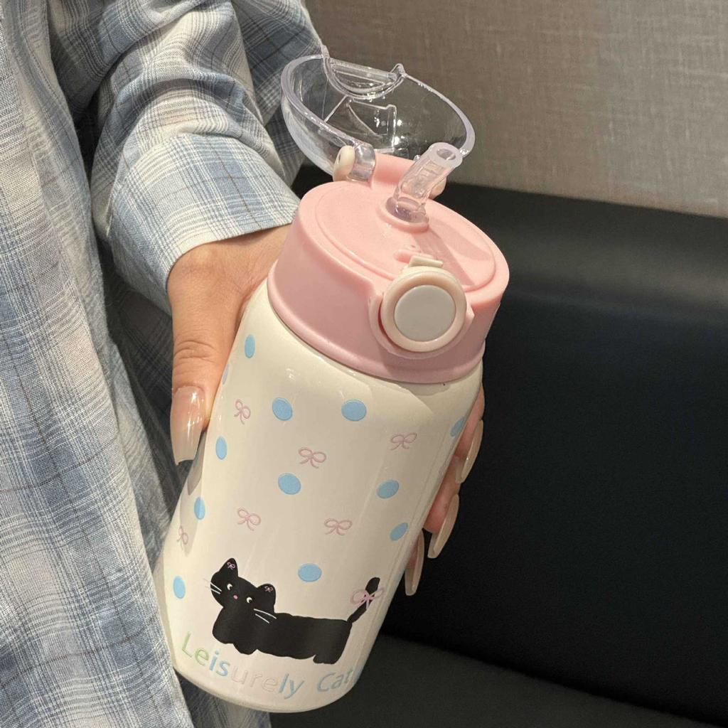 450ml Large Capacity Stainless Steel Thermos Bottle with Straw Cute Coffee Water Bottle for Girls Vacuum Flask Thermal Tumbler
