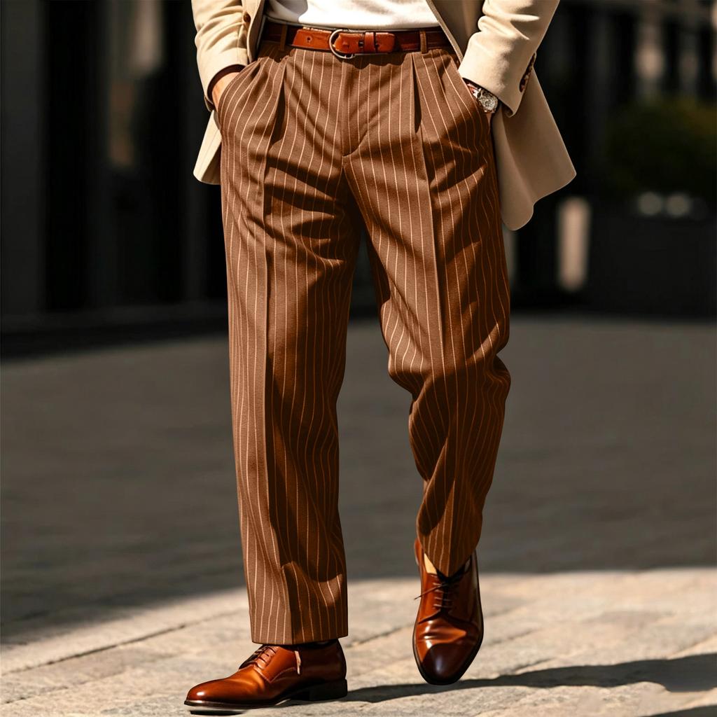 Men's Striped Dress Pants with Elastic Waistband and Button Closure for Business Work