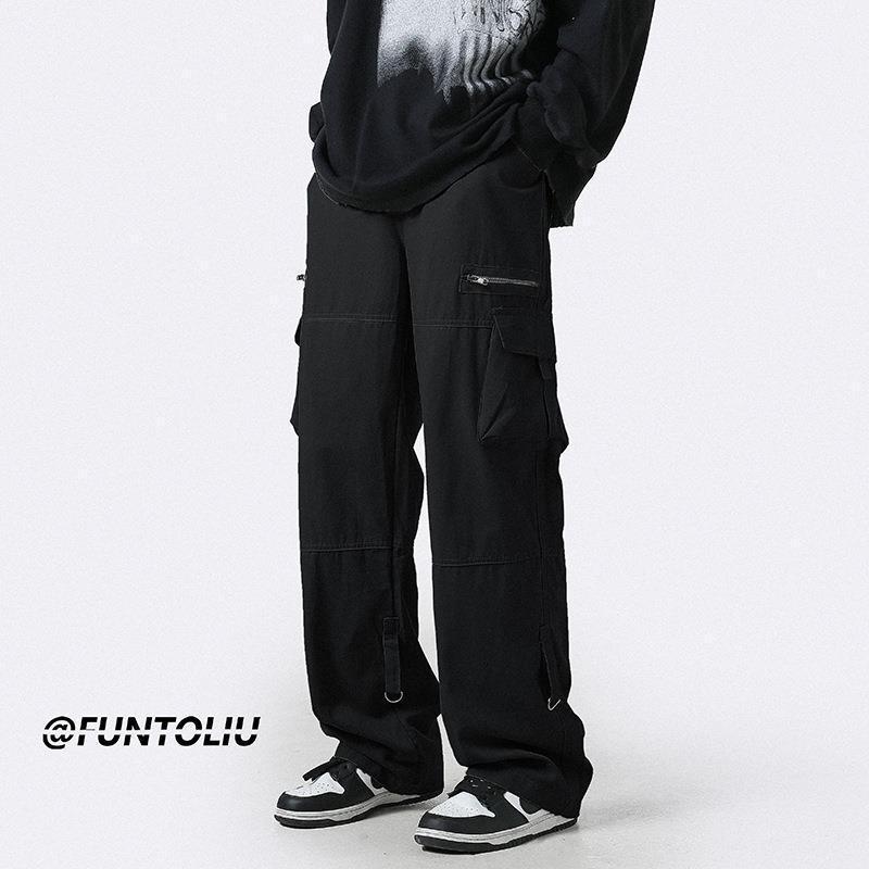 Men's Light Green Multi-Pocket Casual Overalls - Japanese Style, Straight, Loose Fit, Autumn Trend, Zippered, Mopping Pants