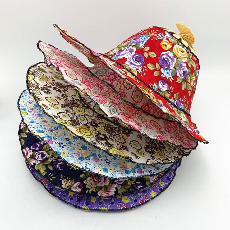 Foldable Hand Fan Sun Hat 2 In 1 Chinese Style Portable Floral Printed Handheld Fan Beach Cap Bamboo Hat