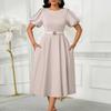 Women's summer fashion bubble sleeves elegant high waist solid color round neck large skirt dress