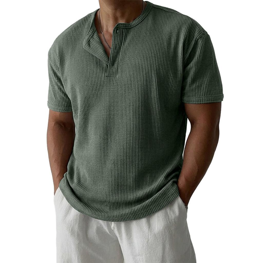 Men's Ribbed Crew Neck Three Button Short Sleeve Top Soft Breathable Casual Pullover Knitwear for Daily Wear Office Travel