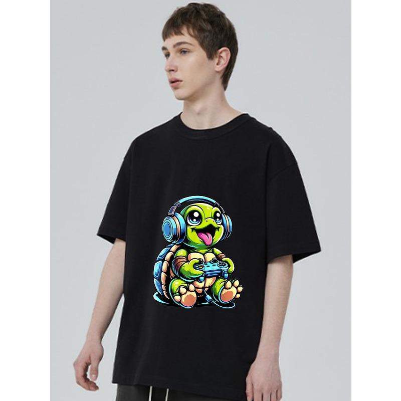 Crewneck T Shirt Black Turtle Gamer with Headphones and Controller Print for Casual Wear and Gaming Events