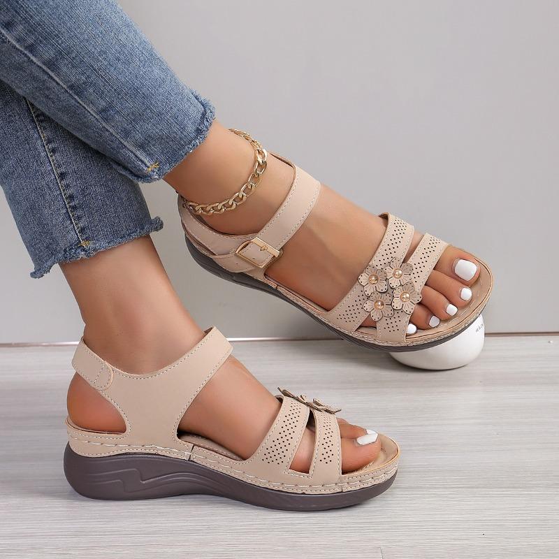 Flower retro large size wedge with women's sandals word decoration new women's shoes summer