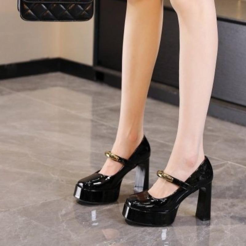 2025Spring and Summer New Square-toed Platform Temperament Versatile One-word with Metal Buckle Square Heel Women's High Heels