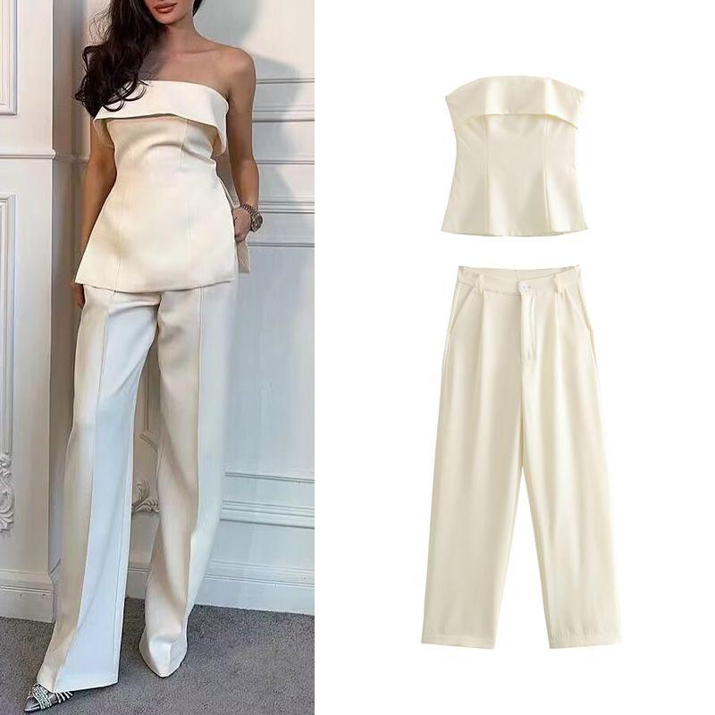 Spring New Women Clothes European and American Commuter off-Shoulder Tube Top off-Shoulder Top High Waist Straight Casual Pants