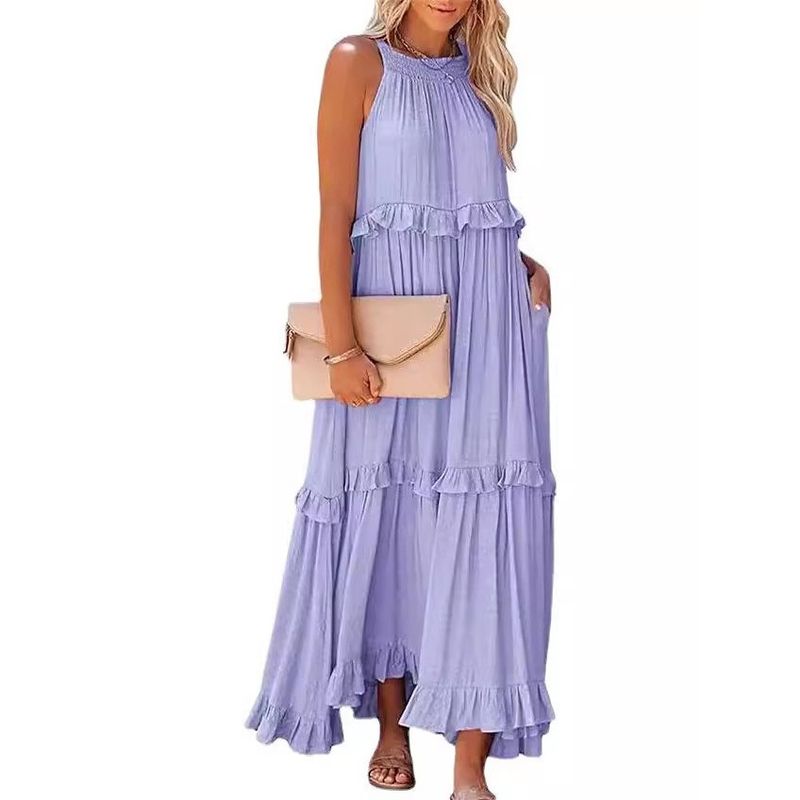 Fashion 2025 Summer New Holiday Ruffles Long Vest Dress Wide Hem Flowy Beach Dress Dress