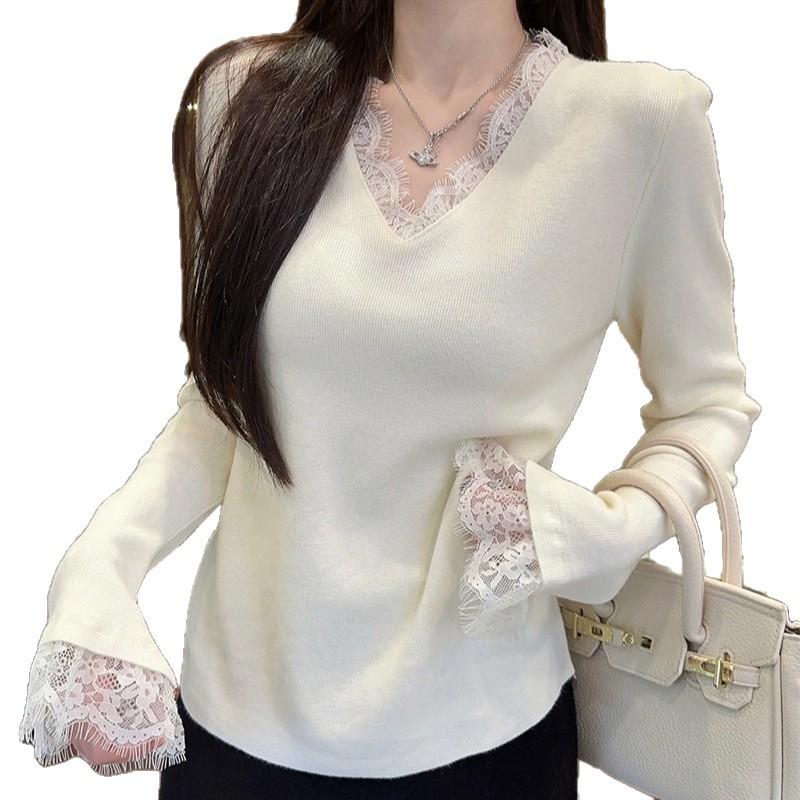 Andy Velvet Washing Water, Korean Sweet Girl Lace V-neck Knitted Sweater Women's Autumn and Winter Inner Sweater
