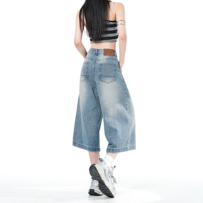 Trendige Sommer Lockere Weite Beine Verkürzte Capri Jeanshosen Für Damen Vielseitig Lockere Gerade Schlankmachende AllMatch Lässige Hosen
