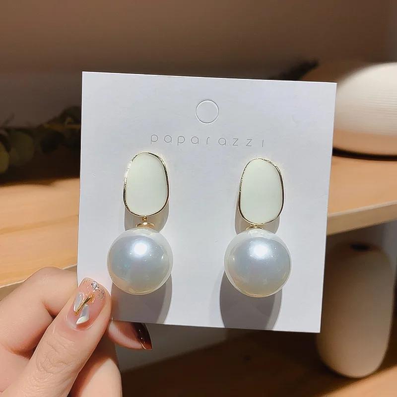 

Pink White Round Ball Big Imitation Pearl Geometry Pendant Earrings for Women Korean Fashion Cute Girl Zircon