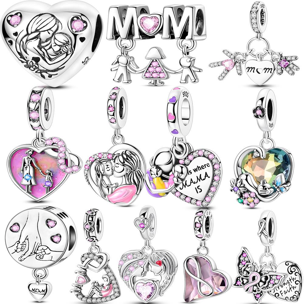 Mother'S Daycopper Love Mom Pink Heart Charms Fit Original Bracelet Necklace Diy Bead For Women Jewelry Making Gift