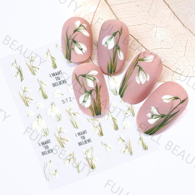 Snøklokke Nail Sticker Spring Flower Campanula 5D Preget Glider White Flora