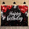 2D Red Silver Balloon Birthday Backdrop, Black Background with Confetti for Events